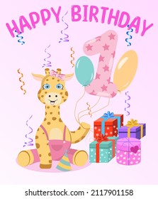 Cute card happy birthday with a giraffe for a girl 1 year old