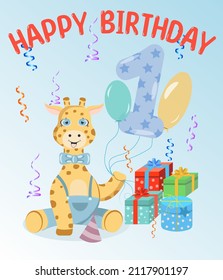 Cute card happy birthday with a giraffe for a boy 1 year old