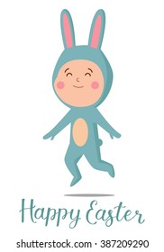 Cute card Happy Easter with little boy in rabbit costume. Cute, trendy design elements for different decor. Lettering sing - Happy Easter.