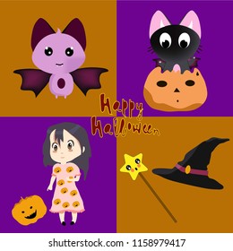 Cute card. Happy Halloween. Kitty, bat, witch. Hand drawn. Vector