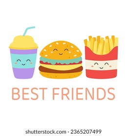 cute  card with happy hamburger, french fries and drink, vector illustration in cartoon style, fast food concept