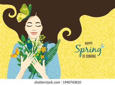 Cute card Happy Spring is coming, portrait of a beautiful girl with a bouquet of spring and summer flowers, leaves, butterflies. For women's day, cover, poster, wedding. Vector illustration.