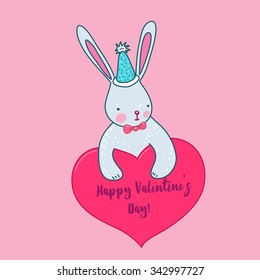 cute card Happy Valentine rabbit and heart