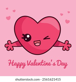 Cute card with a heart in kawaii style and the inscription Happy Valentine's Day - for Valentine's Day. Vector illustration of a pink heart.