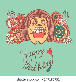 Cute card with a hedgehog and flowers - Happy Birthday. Vector illustration.