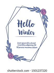 Cute card hello winter, with various shape leaf floral frame. Vector