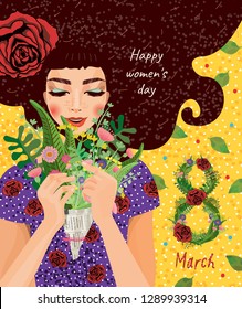 cute card for the holiday of women's day on March 8, vector illustration of a portrait of a beautiful girl with a bouquet of flowers