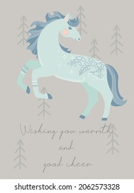 Cute card with a horse. Christmas greeting gift cards with winter elements and holiday wishes. Winter vector illustration isolated on white background.