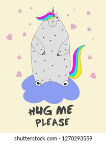 Cute card. Hug me please. Design for banner, card, placard, brochure 