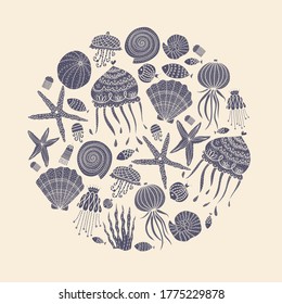  Cute card with jellyfish, shells, fish, starfish and algae.