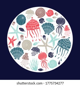  Cute card with jellyfish, shells, fish, starfish and algae.