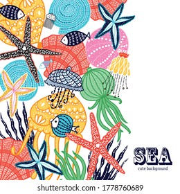 Cute card with jellyfish, shells, fish, starfish and algae.