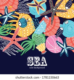 Cute card with jellyfish, shells, fish, starfish and algae.