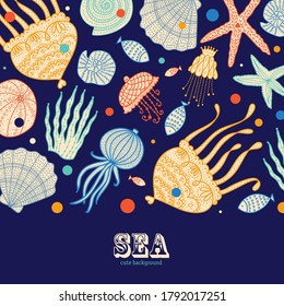  Cute card with jellyfish, shells, fish, starfish and algae.