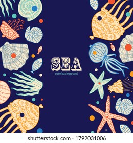  Carta con medusas, conchas, peces, estrellas de mar y algas.