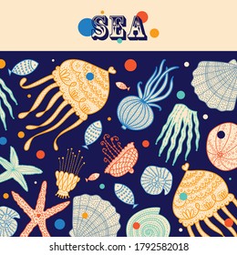  Carta con medusas, conchas, peces, estrellas de mar y algas.