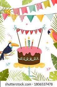 Cute card with jungle leaves frame, toucan, parrot and cake for birthday cards design, children party invitations