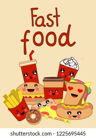 Cute card. Kawaii fast food. Burger,  coffee, fries, sandwich, pizza. Transparent background. Vector