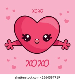 Cute card with a kawaii heart and ho ho for Valentine's Day. Vector funny illustration of pink heart.	