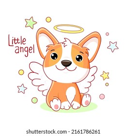 Cute card in kawaii style. Little corgi puppy with angel wings and halo. Happy dog with nimbus. Inscription Little angel. Vector illustration EPS8