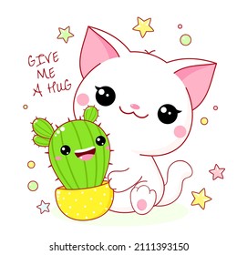 Carta corta al estilo kawaii. Bonito gato blanco con cactus. Kitty y cactus en maceta de flores. Inscripción Dame un abrazo. Se puede usar para imprimir camisetas, pegatinas, diseño de tarjetas de felicitación. EPS vectorial8