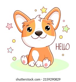 Cute card in kawaii style with lovely little corgi puppy. Inscription Hello. Can be used for t-shirt print, stickers, greeting card design. Vector illustration EPS8