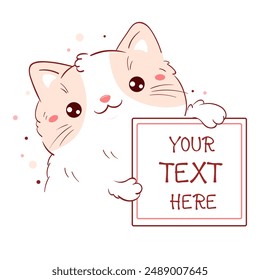 Cute card in kawaii style. Lovely cat with message tablet. Copy space for text. Can be used for t-shirt print, stickers, greeting card design. Vector illustration EPS8