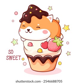 Cute card in kawaii style with shiba inu puppy and cupcake. Little dog and cake with whipped cream. Inscription So sweet. Can be used for t-shirt print, sticker, greeting card design. Vector EPS8