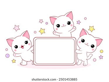 Cute card in kawaii style. Three lovely cat with message tablet. Copy space for text. Can be used for t-shirt print, stickers, greeting card design. Vector illustration EPS8