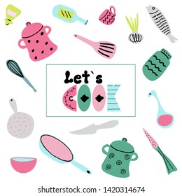 Cute card with kitchen equipment and food. Colorful flat cartoon illustration - Vector
