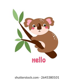 Cartão bonito com coala em um galho com folhas e texto - olá. Ilustração engraçada isolada no fundo branco no vetor.