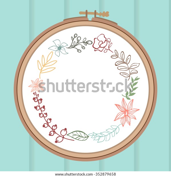 Cute card with laurel\
flower bouquet on embroidery frame. Wooden background. Vector\
illustration
