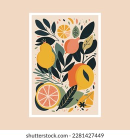 Cute card with lemons, oranges and leaves. Vector illustration. art print poster design