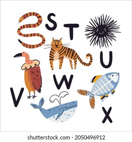 Cute card with letters with animals vector illustration. Snake, tiger, urchin, vulture, whale, x-ray fish doodle drawings on white background. Flat wild and sea animals, vector alphabet print