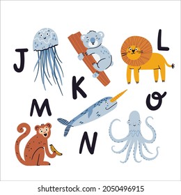 Cute card with letters with animals vector illustration. Jellyfish, koala, lion, monkey, narwhal, octopus doodle drawings on white background. Flat wild and sea animals, vector alphabet print