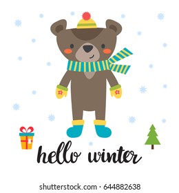 Cute card with little bear. Hello winter. Christmas design for the poster. Vector illustration