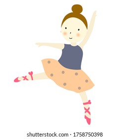 Cute card  with  little  dancing  ballerina. Vector illustration with cartoon girl in hand drawn minimalistic style.  Childish concept print.