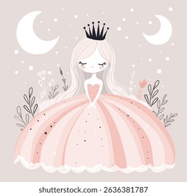 Cute card of little princess in ball gown. Girl with crown on flowers background, greeting card, flat vector poster, printable.