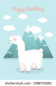 Cute card with a llama or alpaca on the background of mountains and clouds. Vector illustration for greeting card, poster, texture, textile, decor. Happy Birthday