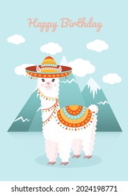 Cute card with a llama or alpaca in a sombrero against the backdrop of mountains and clouds. Vector illustration for greeting card, poster, texture, textile, decor. Happy Birthday.