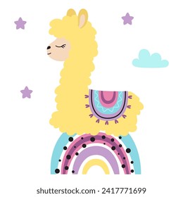 cute card with llama, star, cloud and rainbow, design elements for postcards, covers and printing on fabric, cartoon flat vector collection