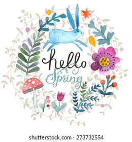 Cute card with lovely Rabbit, flowers, leafs and mushroom in awesome colors. Lovely spring theme set made in watercolor technique. Bright forest concept card with text in vector