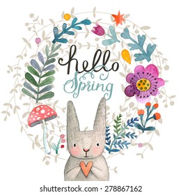 Cute card with lovely Rabbit with heart, flowers, leafs and mushroom in awesome colors. Lovely spring theme set made in watercolor technique. Bright forest concept card with text in vector