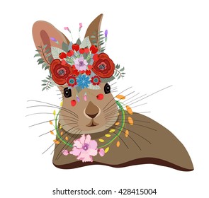 Cute card with lovely Rabbit. Rabbit in a wreath of flowers