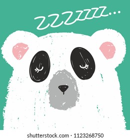 Cute card with lovely white bear drawn with colored crayons isolated on turquoise background. Zzzz! Vector hand drawn illustration