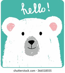 Cute card with lovely white bear drawn with colored crayons isolated on turquoise background. Hello! Vector hand drawn illustration