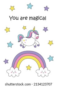 Cute card with magical unicorn. Motivational card for kids.