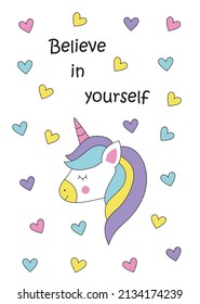 Cute card with magical unicorn. Motivational card for kids.