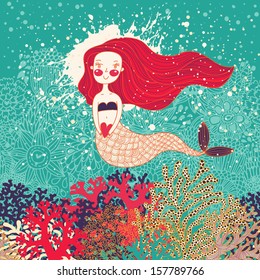 Cute card with mermaid in love. Underwater background with drops and corals