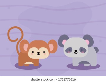 cute card with monkey and panda bear, kawaii vector illustration design